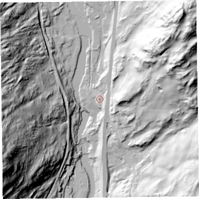 Shaded relief map of the ground around LA128PX, computed from Environment Agency LiDAR. The ground here sits at about 33 m above sea level and falls 128 m across the surrounding 800 m. Surface water reaching this point runs off ground lying to the north-east, 5.4 m higher.