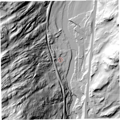 Shaded relief map of the ground around LA128PY, computed from Environment Agency LiDAR. The ground here sits at about 32 m above sea level and falls 133 m across the surrounding 800 m. Surface water reaching this point runs off ground lying to the west-south-west, 103.6 m higher.