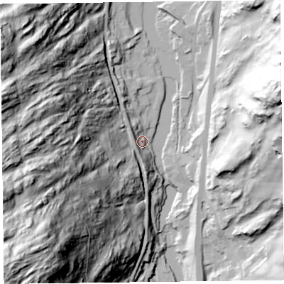 Shaded relief map of the ground around LA128PZ, computed from Environment Agency LiDAR. The ground here sits at about 31 m above sea level and falls 141 m across the surrounding 800 m. Surface water reaching this point runs off ground lying to the north-west, 12.4 m higher.
