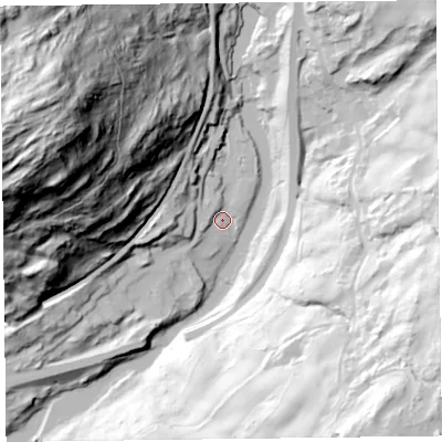 Shaded relief map of the ground around LA128QQ, computed from Environment Agency LiDAR. The ground here sits at about 20 m above sea level and falls 147 m across the surrounding 800 m. Surface water reaching this point runs off ground lying to the west-north-west, 139.5 m higher.