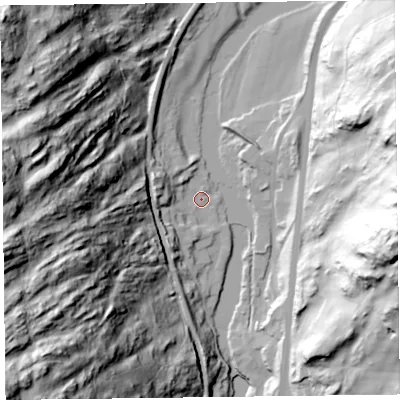 Shaded relief map of the ground around LA128QZ, computed from Environment Agency LiDAR. The ground here sits at about 29 m above sea level and falls 122 m across the surrounding 800 m. Surface water reaching this point runs off ground lying to the west-south-west, 102.5 m higher.
