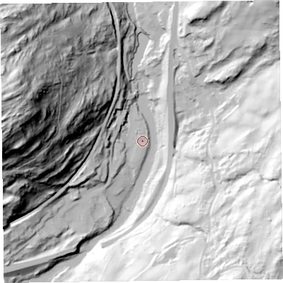 Shaded relief map of the ground around LA128RF, computed from Environment Agency LiDAR. The ground here sits at about 19 m above sea level and falls 139 m across the surrounding 800 m. Surface water reaching this point runs off ground lying to the west-north-west, 133.3 m higher.