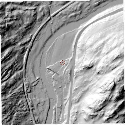 Shaded relief map of the ground around LA128TA, computed from Environment Agency LiDAR. The ground here sits at about 32 m above sea level and falls 119 m across the surrounding 800 m. Surface water reaching this point runs off ground lying to the south-east, 9.3 m higher.
