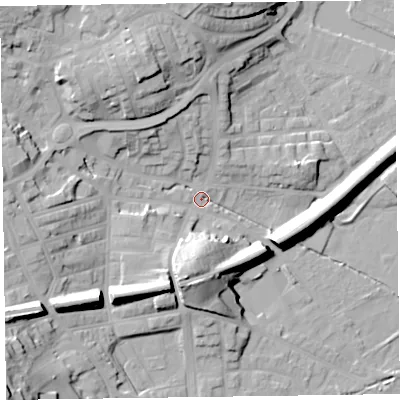 Shaded relief map of the ground around LA129AA, computed from Environment Agency LiDAR. The ground here sits at about 10 m above sea level and falls 29 m across the surrounding 800 m. Surface water reaching this point runs off ground lying to the north-west, 17.0 m higher.