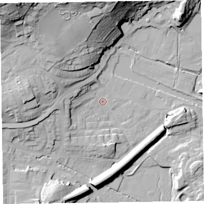 Shaded relief map of the ground around LA129AR, computed from Environment Agency LiDAR. The ground here sits at about 7 m above sea level and falls 44 m across the surrounding 800 m. Surface water reaching this point runs off ground lying to the north-west, 41.1 m higher.