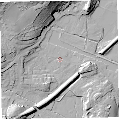 Shaded relief map of the ground around LA129AU, computed from Environment Agency LiDAR. The ground here sits at about 7 m above sea level and falls 35 m across the surrounding 800 m. Surface water reaching this point runs off ground lying to the north-west, 29.5 m higher.
