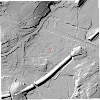 Shaded relief map of the ground around LA129AY, computed from Environment Agency LiDAR. The ground here sits at about 7 m above sea level and falls 33 m across the surrounding 800 m. Surface water reaching this point runs off ground lying to the north-west, 30.8 m higher.
