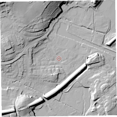 Shaded relief map of the ground around LA129BA, computed from Environment Agency LiDAR. The ground here sits at about 7 m above sea level and falls 34 m across the surrounding 800 m. Surface water reaching this point runs off ground lying to the west-north-west, 10.5 m higher.