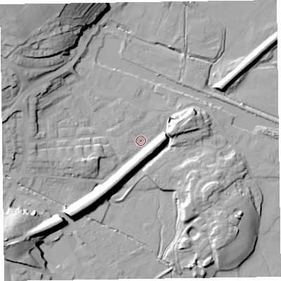 Shaded relief map of the ground around LA129BD, computed from Environment Agency LiDAR. The ground here sits at about 6 m above sea level and falls 23 m across the surrounding 800 m. Surface water reaching this point runs off ground lying to the south-west, 16.8 m higher.