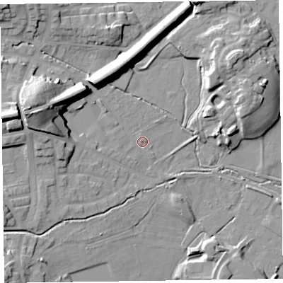 Shaded relief map of the ground around LA129BL, computed from Environment Agency LiDAR. The ground here sits at about 8 m above sea level and falls 19 m across the surrounding 800 m. Surface water reaching this point runs off ground lying to the west-south-west, 1.9 m higher.