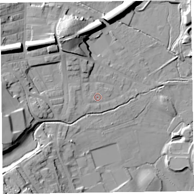 Shaded relief map of the ground around LA129BU, computed from Environment Agency LiDAR. The ground here sits at about 10 m above sea level and falls 27 m across the surrounding 800 m. Surface water reaching this point runs off ground lying to the west-south-west, 2.3 m higher.
