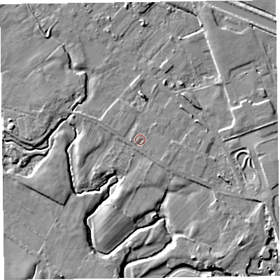 Shaded relief map of the ground around LA129BW, computed from Environment Agency LiDAR. The ground here sits at about 6 m above sea level and falls 7 m across the surrounding 800 m. Surface water reaching this point runs off ground lying to the east-south-east, 0.7 m higher.