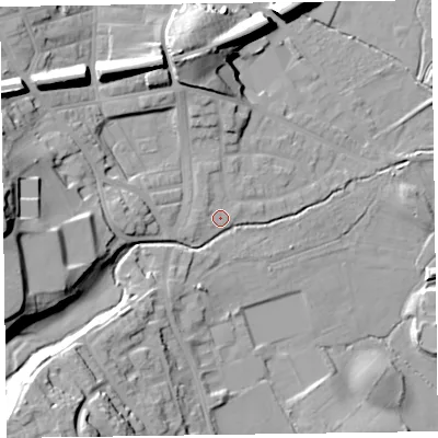 Shaded relief map of the ground around LA129BX, computed from Environment Agency LiDAR. The ground here sits at about 11 m above sea level and falls 30 m across the surrounding 800 m. Surface water reaching this point runs off ground lying to the west, 24.5 m higher.