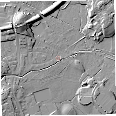 Shaded relief map of the ground around LA129DA, computed from Environment Agency LiDAR. The ground here sits at about 8 m above sea level and falls 18 m across the surrounding 800 m. Surface water reaching this point runs off ground lying to the north-west, 15.1 m higher.