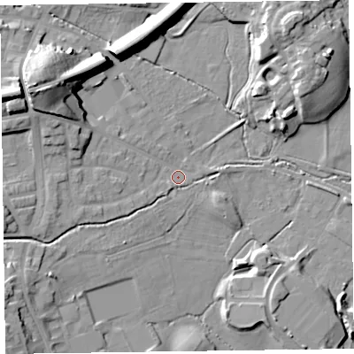 Shaded relief map of the ground around LA129DB, computed from Environment Agency LiDAR. The ground here sits at about 8 m above sea level and falls 19 m across the surrounding 800 m. Surface water reaching this point runs off ground lying to the west-north-west, 8.0 m higher.