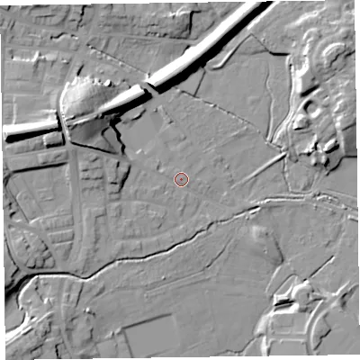 Shaded relief map of the ground around LA129DD, computed from Environment Agency LiDAR. The ground here sits at about 9 m above sea level and falls 18 m across the surrounding 800 m. Surface water reaching this point runs off ground lying to the west-north-west, 6.8 m higher.