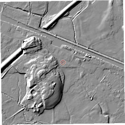 Shaded relief map of the ground around LA129DJ, computed from Environment Agency LiDAR. The ground here sits at about 7 m above sea level and falls 13 m across the surrounding 800 m. Surface water reaching this point runs off ground lying to the west-south-west, 9.9 m higher.