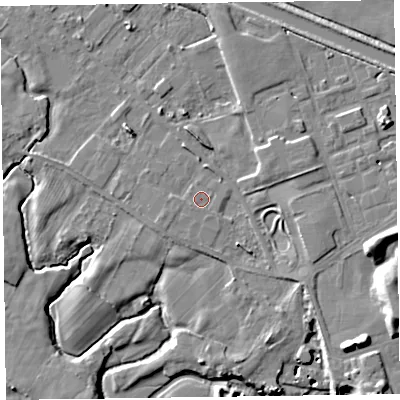 Shaded relief map of the ground around LA129DL, computed from Environment Agency LiDAR. The ground here sits at about 6 m above sea level and falls 12 m across the surrounding 800 m. Surface water reaching this point runs off ground lying to the west-south-west, 1.1 m higher.