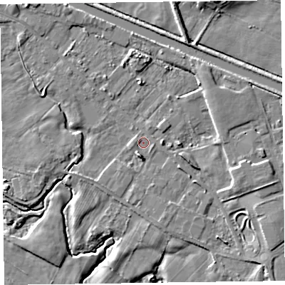Shaded relief map of the ground around LA129DP, computed from Environment Agency LiDAR. The ground here sits at about 6 m above sea level and falls 6 m across the surrounding 800 m. Surface water reaching this point runs off ground lying to the south, 2.7 m higher.