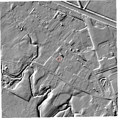 Shaded relief map of the ground around LA129DQ, computed from Environment Agency LiDAR. The ground here sits at about 6 m above sea level and falls 6 m across the surrounding 800 m. Surface water reaching this point runs off ground lying to the north-east, 3.0 m higher.