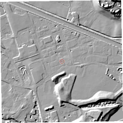 Shaded relief map of the ground around LA129DR, computed from Environment Agency LiDAR. The ground here sits at about 7 m above sea level and falls 29 m across the surrounding 800 m. Surface water reaching this point runs off ground lying to the south, 3.7 m higher.