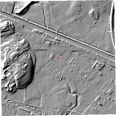 Shaded relief map of the ground around LA129DT, computed from Environment Agency LiDAR. The ground here sits at about 6 m above sea level and falls 13 m across the surrounding 800 m. Surface water reaching this point runs off ground lying to the west, 11.3 m higher.