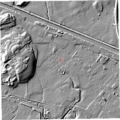 Shaded relief map of the ground around LA129DU, computed from Environment Agency LiDAR. The ground here sits at about 6 m above sea level and falls 13 m across the surrounding 800 m. Surface water reaching this point runs off ground lying to the south-south-east, 1.5 m higher.