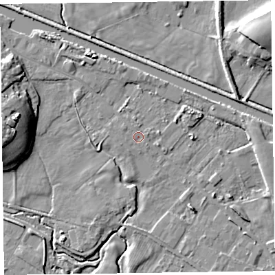 Shaded relief map of the ground around LA129DX, computed from Environment Agency LiDAR. The ground here sits at about 6 m above sea level and falls 13 m across the surrounding 800 m. Surface water reaching this point runs off ground lying to the west, 11.2 m higher.
