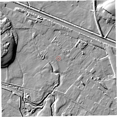 Shaded relief map of the ground around LA129DY, computed from Environment Agency LiDAR. The ground here sits at about 6 m above sea level and falls 13 m across the surrounding 800 m. Surface water reaching this point runs off ground lying to the west-north-west, 11.2 m higher.