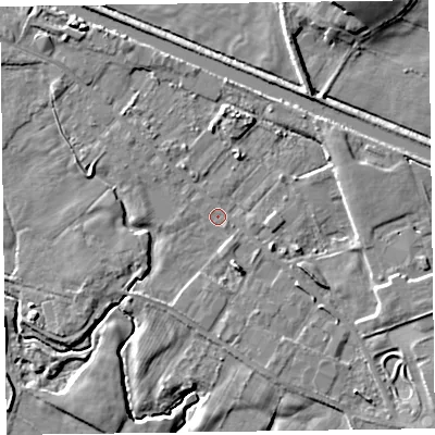 Shaded relief map of the ground around LA129DZ, computed from Environment Agency LiDAR. The ground here sits at about 5 m above sea level and falls 8 m across the surrounding 800 m. Surface water reaching this point runs off ground lying to the east-north-east, 3.9 m higher.