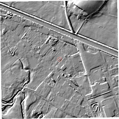 Shaded relief map of the ground around LA129EA, computed from Environment Agency LiDAR. The ground here sits at about 6 m above sea level and falls 9 m across the surrounding 800 m. Surface water reaching this point runs off ground lying to the south-south-west, 3.5 m higher.