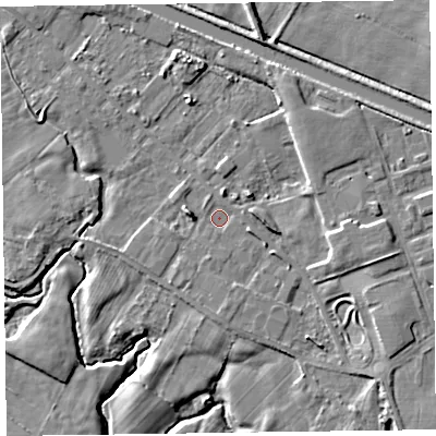 Shaded relief map of the ground around LA129EB, computed from Environment Agency LiDAR. The ground here sits at about 6 m above sea level and falls 6 m across the surrounding 800 m. Surface water reaching this point runs off ground lying to the west, 2.7 m higher.
