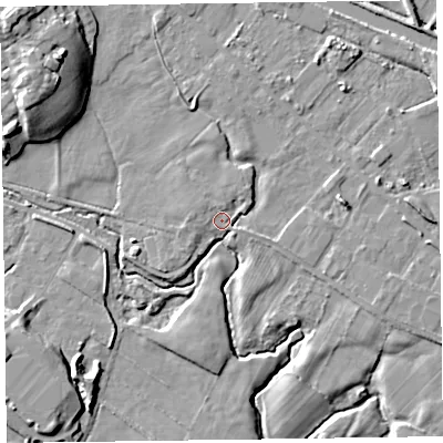 Shaded relief map of the ground around LA129ED, computed from Environment Agency LiDAR. The ground here sits at about 6 m above sea level and falls 14 m across the surrounding 800 m. Surface water reaching this point runs off ground lying to the east-south-east, 1.8 m higher.