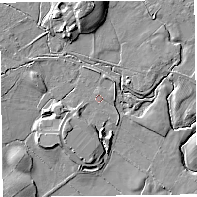 Shaded relief map of the ground around LA129EE, computed from Environment Agency LiDAR. The ground here sits at about 6 m above sea level and falls 13 m across the surrounding 800 m. Surface water reaching this point runs off ground lying to the south-east, 1.0 m higher.