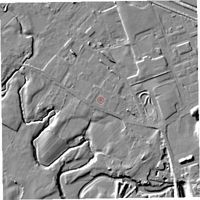 Shaded relief map of the ground around LA129EF, computed from Environment Agency LiDAR. The ground here sits at about 6 m above sea level and falls 11 m across the surrounding 800 m. Surface water reaching this point runs off ground lying to the west-north-west, 0.7 m higher.
