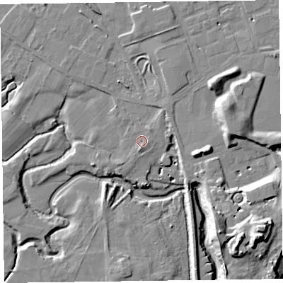 Shaded relief map of the ground around LA129EG, computed from Environment Agency LiDAR. The ground here sits at about 6 m above sea level and falls 21 m across the surrounding 800 m. Surface water reaching this point runs off ground lying to the south, 1.6 m higher.