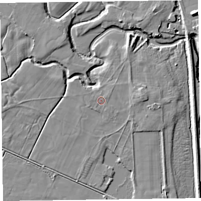 Shaded relief map of the ground around LA129EH, computed from Environment Agency LiDAR. The ground here sits at about 6 m above sea level and falls 11 m across the surrounding 800 m. Surface water reaching this point runs off ground lying to the east-north-east, 0.7 m higher.