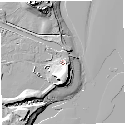 Shaded relief map of the ground around LA129EL, computed from Environment Agency LiDAR. The ground here sits at about 8 m above sea level and falls 24 m across the surrounding 800 m. Surface water reaching this point runs off ground lying to the south-south-east, 10.1 m higher.
