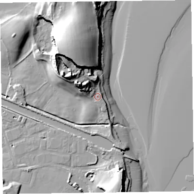 Shaded relief map of the ground around LA129EN, computed from Environment Agency LiDAR. The ground here sits at about 8 m above sea level and falls 29 m across the surrounding 800 m. Surface water reaching this point runs off ground lying to the west-north-west, 5.5 m higher.