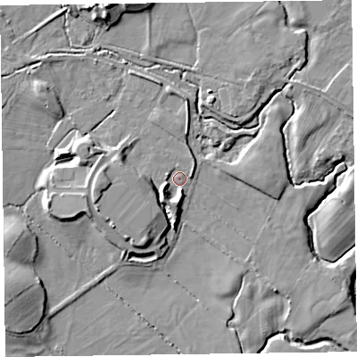 Shaded relief map of the ground around LA129EP, computed from Environment Agency LiDAR. The ground here sits at about 6 m above sea level and falls 10 m across the surrounding 800 m. Surface water reaching this point runs off ground lying to the south-west, 4.8 m higher.