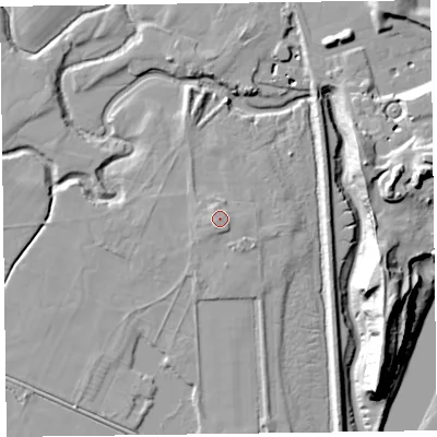 Shaded relief map of the ground around LA129EQ, computed from Environment Agency LiDAR. The ground here sits at about 8 m above sea level and falls 27 m across the surrounding 800 m. Surface water reaching this point runs off ground lying to the south-west, 1.6 m higher.