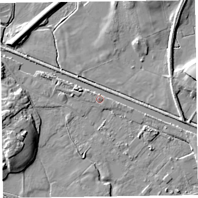 Shaded relief map of the ground around LA129ER, computed from Environment Agency LiDAR. The ground here sits at about 8 m above sea level and falls 13 m across the surrounding 800 m. Surface water reaching this point runs off ground lying to the north, 2.0 m higher.