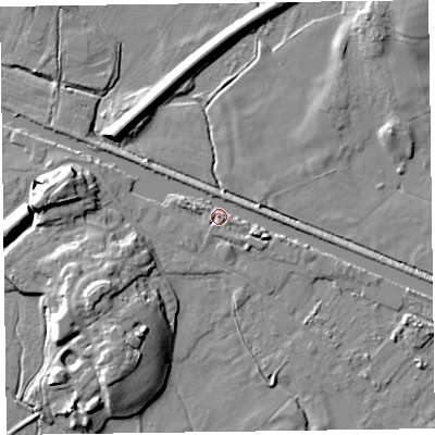 Shaded relief map of the ground around LA129EW, computed from Environment Agency LiDAR. The ground here sits at about 7 m above sea level and falls 13 m across the surrounding 800 m. Surface water reaching this point runs off ground lying to the east-south-east, 3.8 m higher.