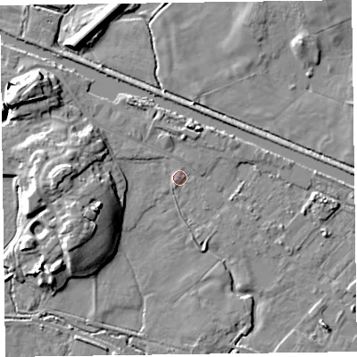Shaded relief map of the ground around LA129FB, computed from Environment Agency LiDAR. The ground here sits at about 6 m above sea level and falls 13 m across the surrounding 800 m. Surface water reaching this point runs off ground lying to the west, 11.2 m higher.