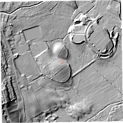 Shaded relief map of the ground around LA129FF, computed from Environment Agency LiDAR. The ground here sits at about 8 m above sea level and falls 23 m across the surrounding 800 m. Surface water reaching this point runs off ground lying to the south-west, 5.6 m higher.
