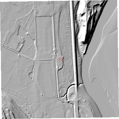 Shaded relief map of the ground around LA129GP, computed from Environment Agency LiDAR. The ground here sits at about 6 m above sea level and falls 29 m across the surrounding 800 m. Surface water reaching this point runs off ground lying to the west-south-west, 0.6 m higher.
