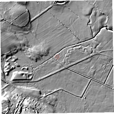 Shaded relief map of the ground around LA129QB, computed from Environment Agency LiDAR. The ground here sits at about 5 m above sea level and falls 20 m across the surrounding 800 m. Surface water reaching this point runs off ground lying to the west-north-west, 5.6 m higher.