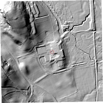 Shaded relief map of the ground around LA129QQ, computed from Environment Agency LiDAR. The ground here sits at about 14 m above sea level and falls 50 m across the surrounding 800 m. Surface water reaching this point runs off ground lying to the north-west, 30.3 m higher.