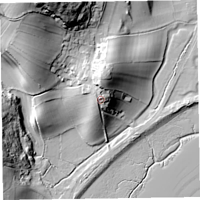 Shaded relief map of the ground around LA129QU, computed from Environment Agency LiDAR. The ground here sits at about 25 m above sea level and falls 51 m across the surrounding 800 m. Surface water reaching this point runs off ground lying to the north, 5.4 m higher.