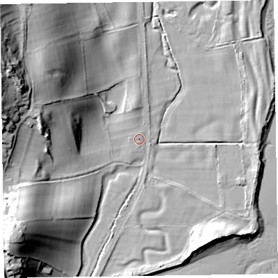 Shaded relief map of the ground around LA129QZ, computed from Environment Agency LiDAR. The ground here sits at about 7 m above sea level and falls 34 m across the surrounding 800 m. Surface water reaching this point runs off ground lying to the north, 2.1 m higher.